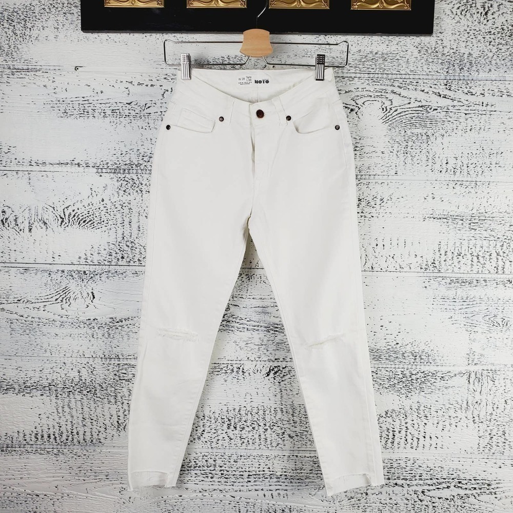 Top Shop Moto To Fit Whtie Distressed Raw Hem Zip Fly Pants Denim Jeans Sz 6